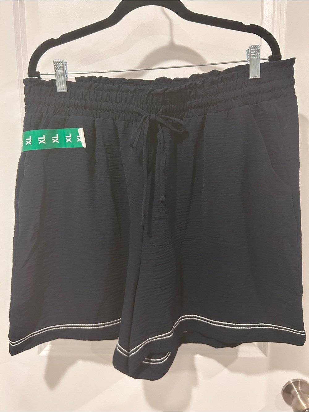 Adrianna Papell Black High-Waist Drawstring Shorts with White Stitch Trim